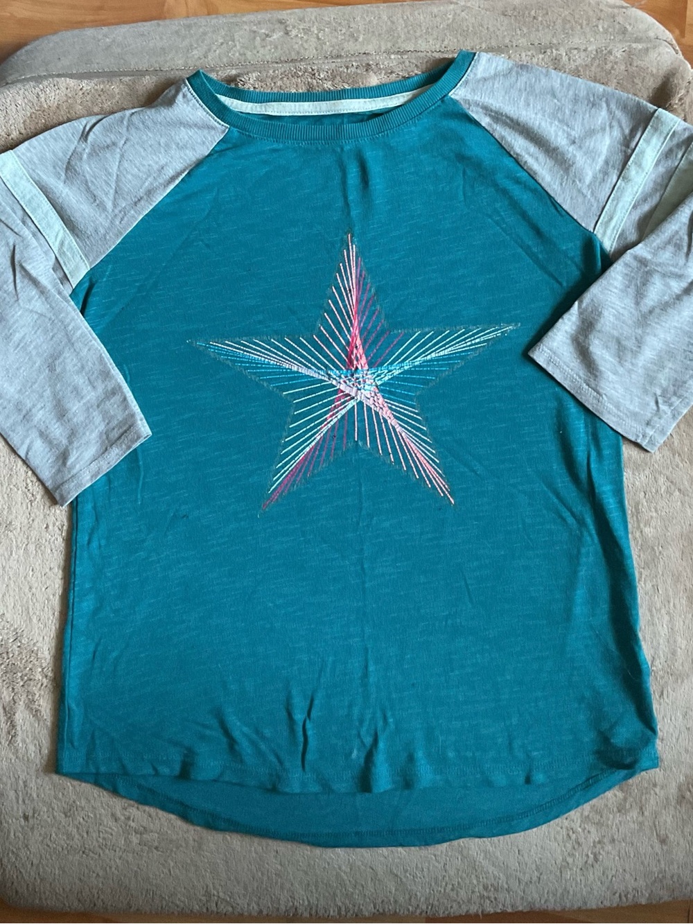 Cat & Jack Teal Raglan Top with Light Gray Sleeves and Star Graphic
